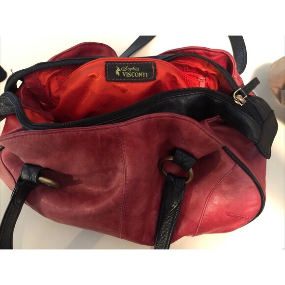 SOPHIA VISCONTI  RED & BLACK Leather Vintage Hand Bag SHOULDER Full Zip and Snap - Picture 1 of 9